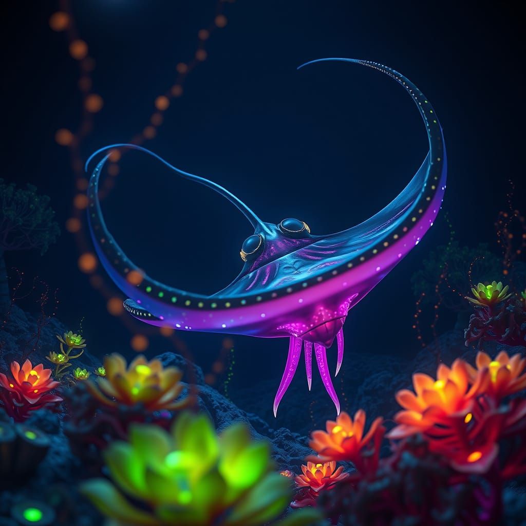 Majestic Stingray-Squid Emerges in Bioluminescent Depths