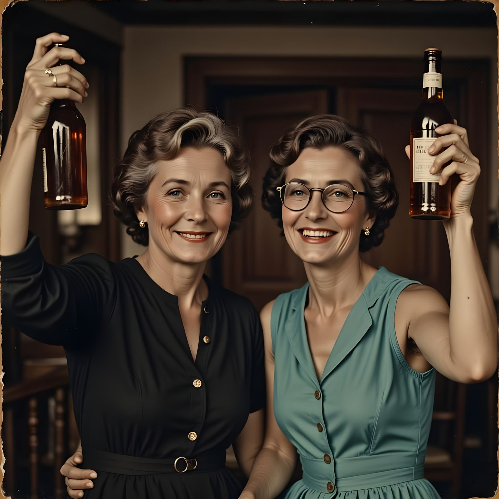 Joyful Elderly Women Posing with Bottles in Vintage Photo