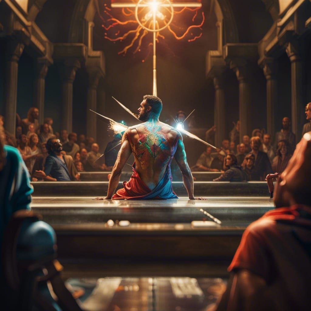 Hyperrealistic Man with Cross: Splash Art Concept
