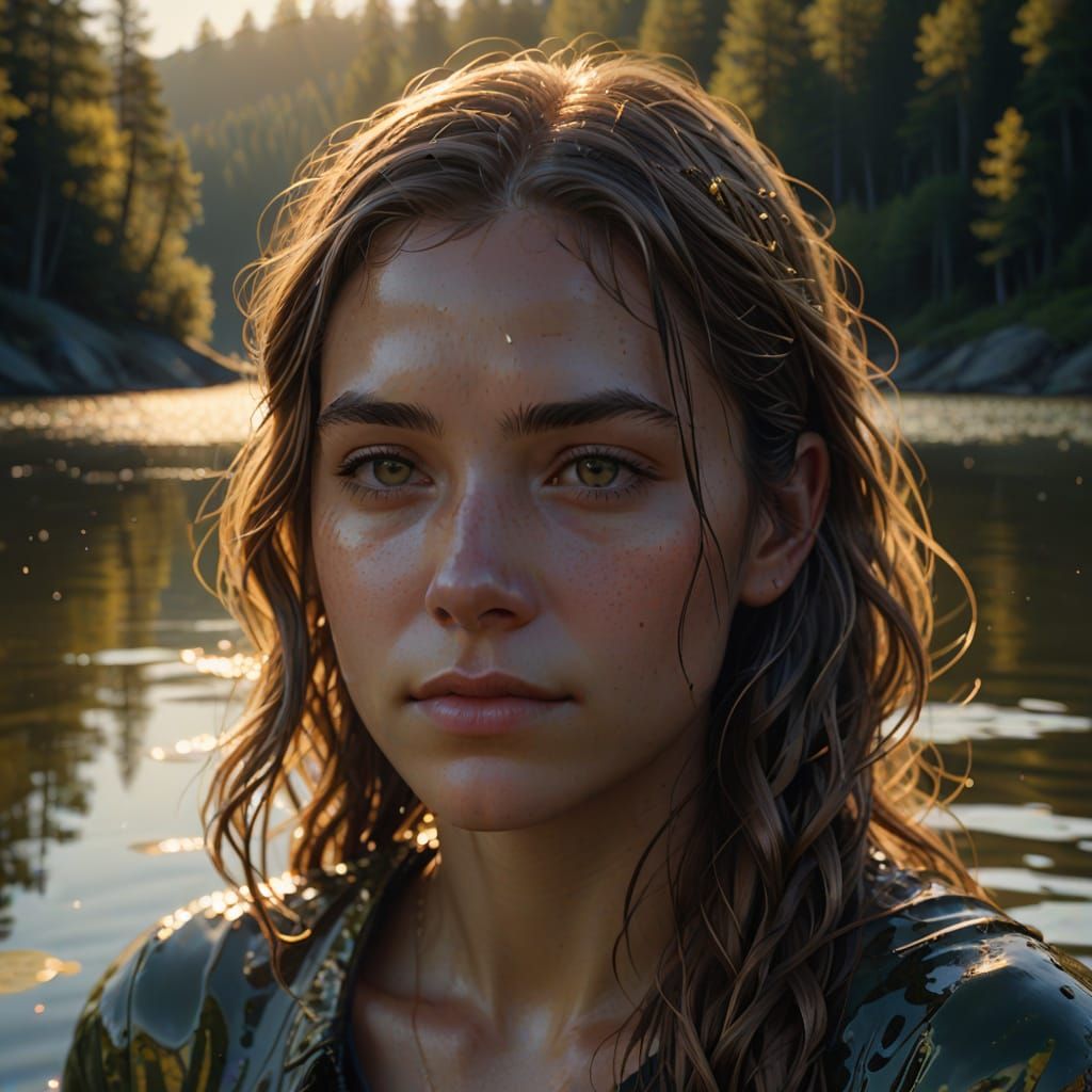 Young Girl Gazing in Lake Water, Hyperdetailed Concept Art