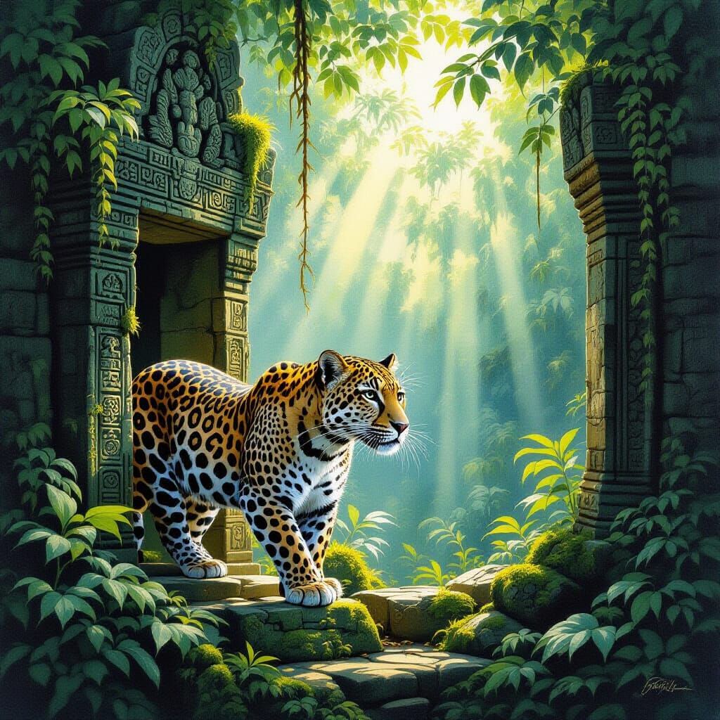 Majestic Leopard Emerges from Overgrown Temple in Gouache St...
