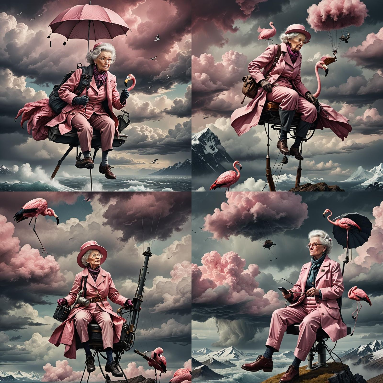Victorian Lady Traveler on Flying Flamingo, Matte Painting