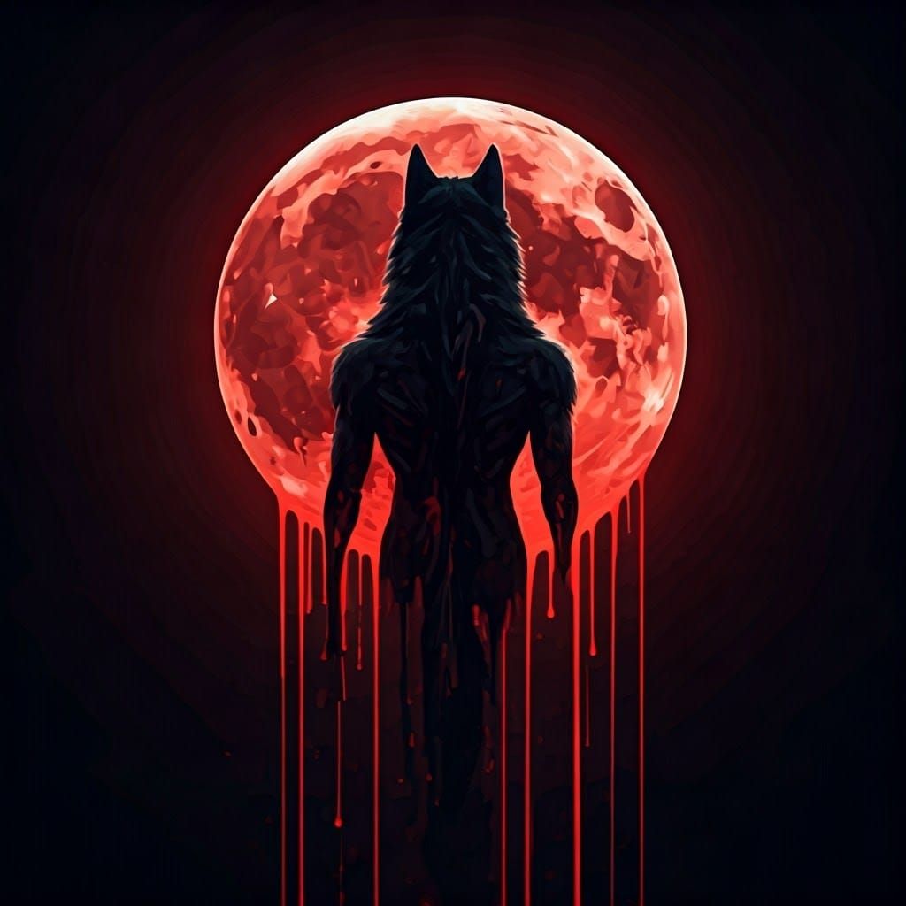 Blood Moon Drip V1: Surreal Biomechanical Werewolf in Crimso...