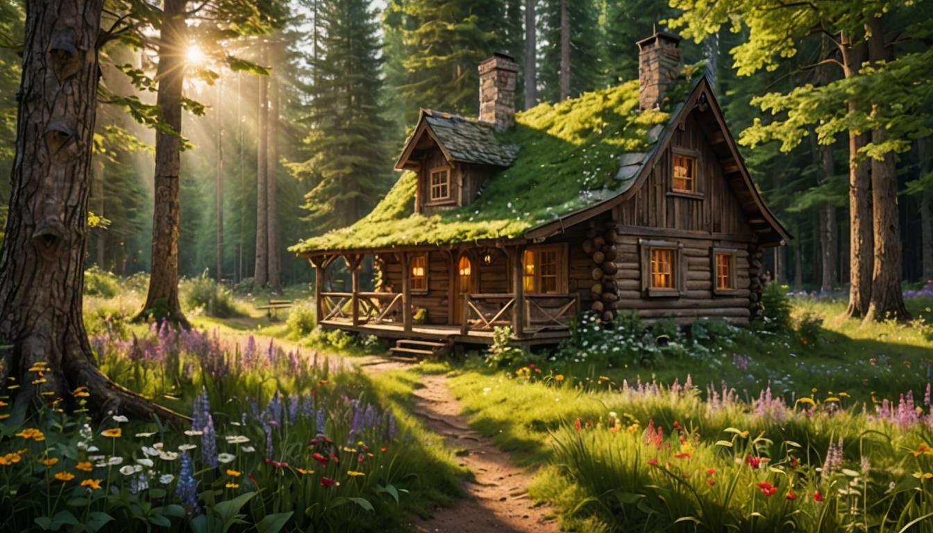 Cozy Cabin in Forest Glade: Storybook Illustration