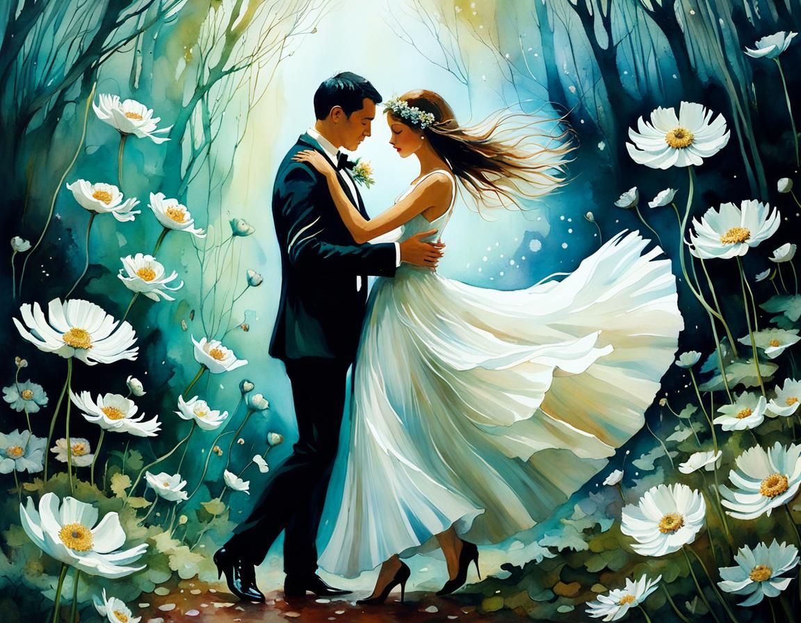 Romantic Couple Dancing Among Anemone Flowers