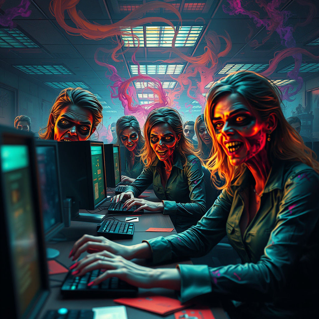 Dystopian Zombie Office Chaos in Dark Fantasy Style