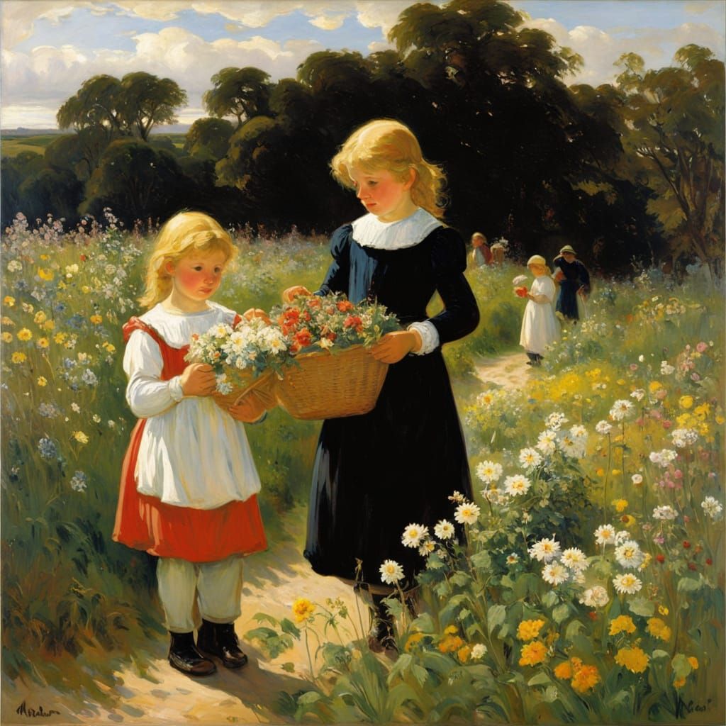 Children picking Flowers in a meadow north of Skagen