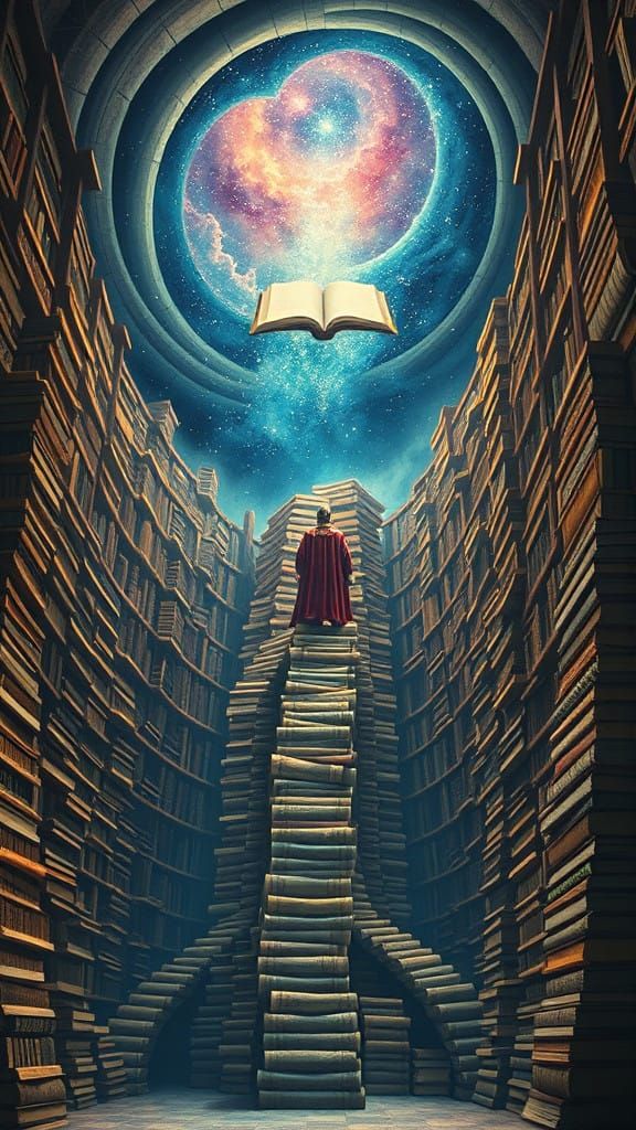 Surreal Cosmic Library Ascension in Warm, Antique Tones