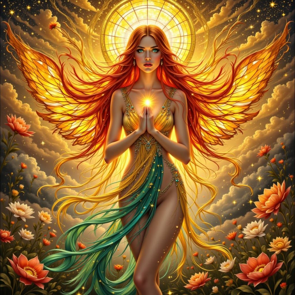 Radiant Swan Goddess in Aurora Sky Art Nouveau Style