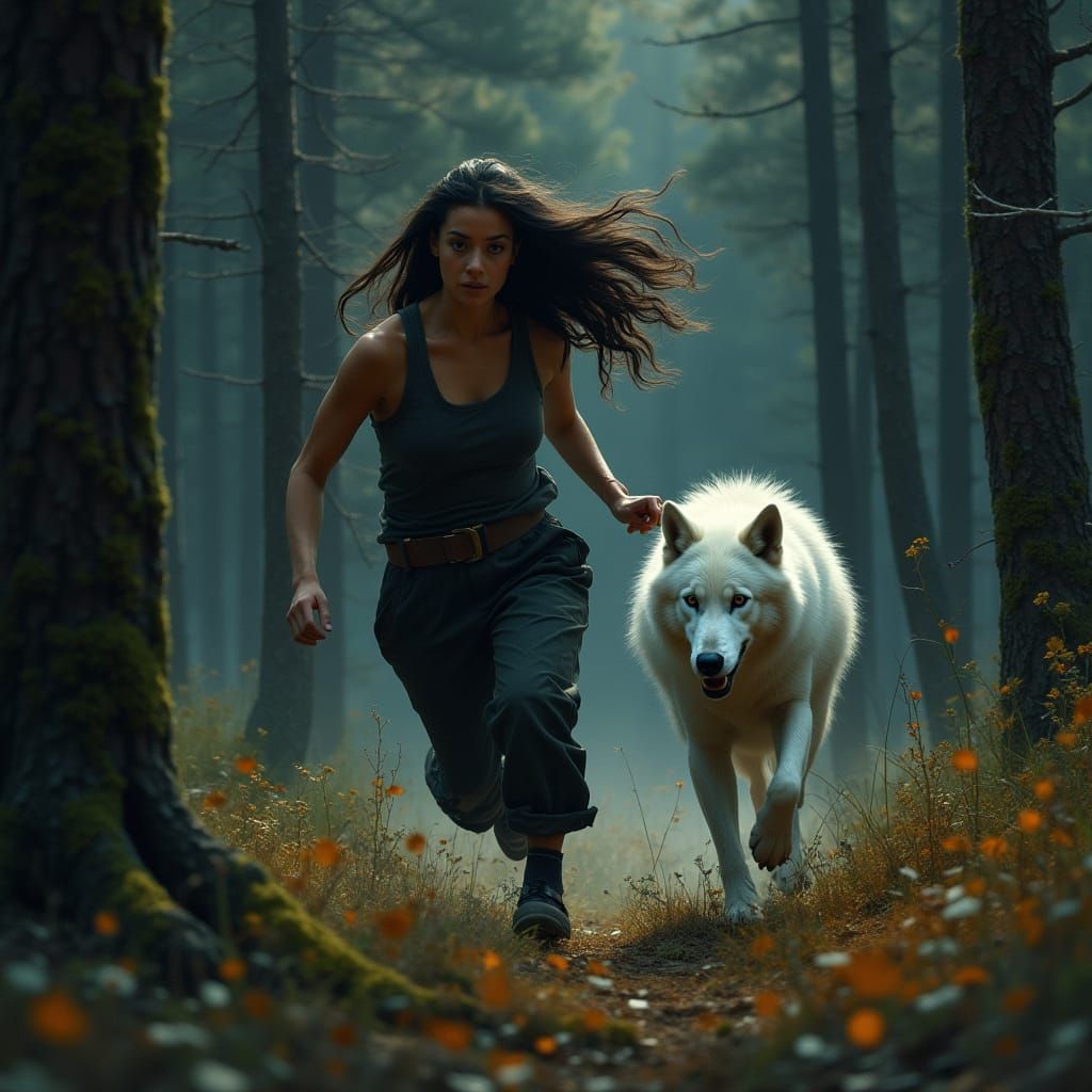 Woman and Wolf Running Through Red Pine Woods at Twilight