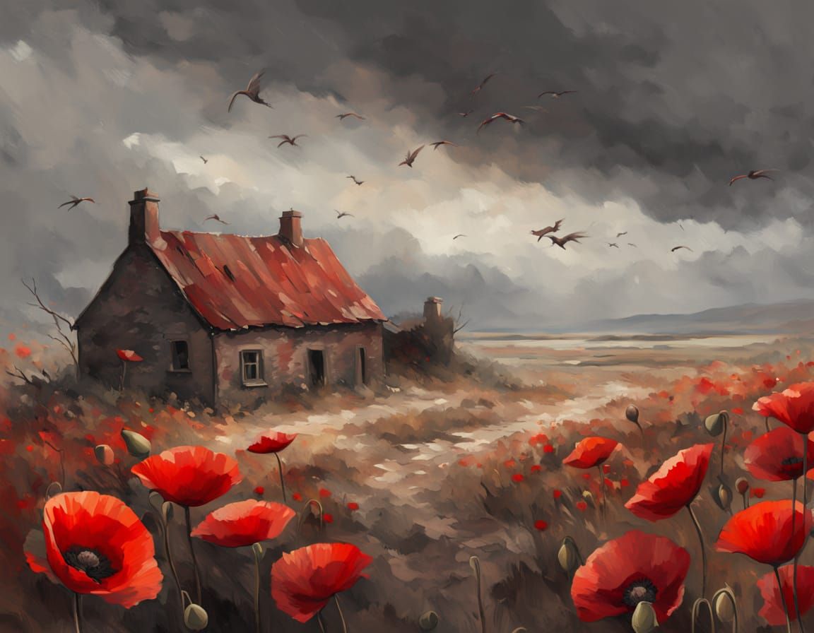Desolate Landscape Painting with Red Poppies