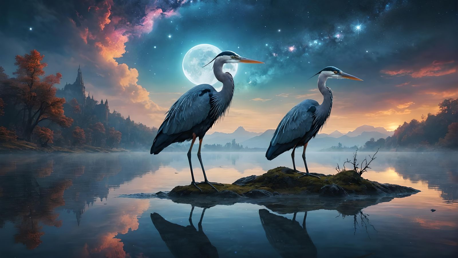Heron in Fantasy Lake with Celestial Galaxy