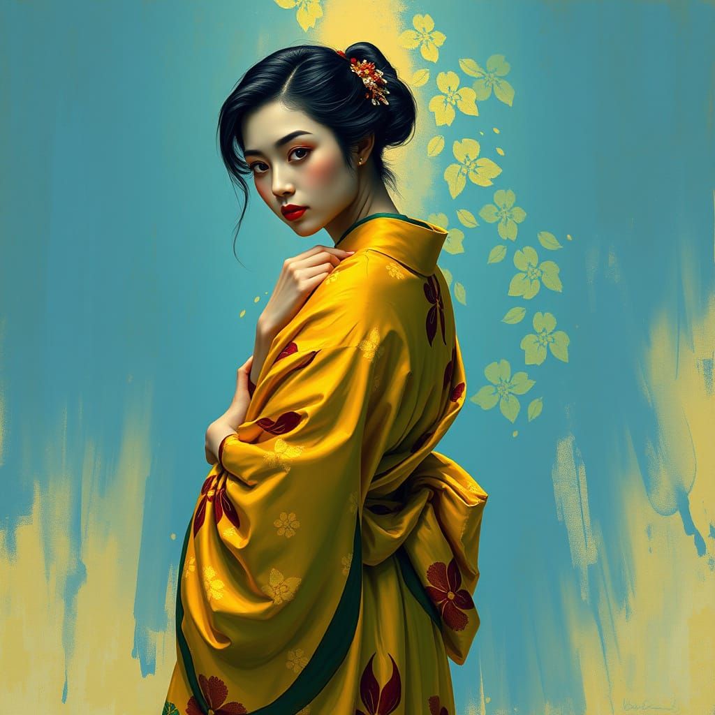 Elegant Japanese Woman in Vibrant Kimono Against Expressive ...