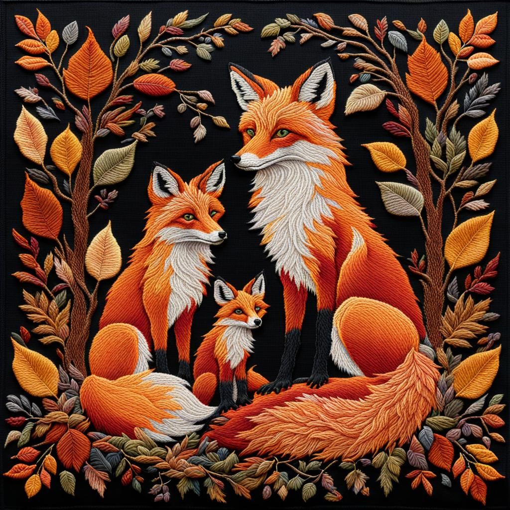 a whimsical fox family embroidered with fine needlework
