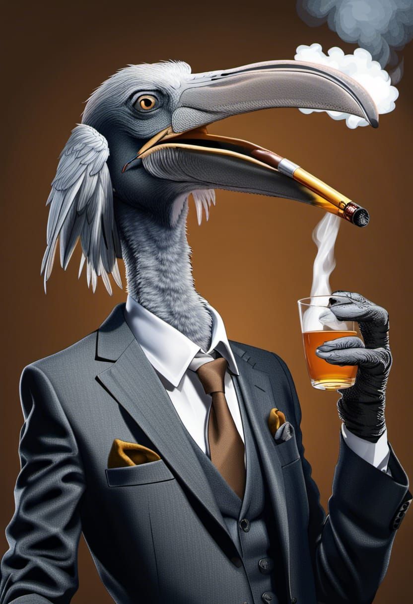 Shoebill Stork in Suit: Smoking and Drinking