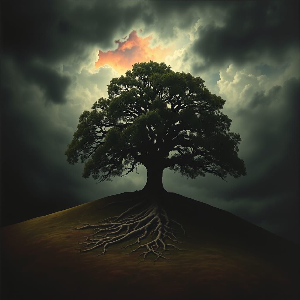 Ancient Oak Tree on Hill in Caravaggio & Escher Style