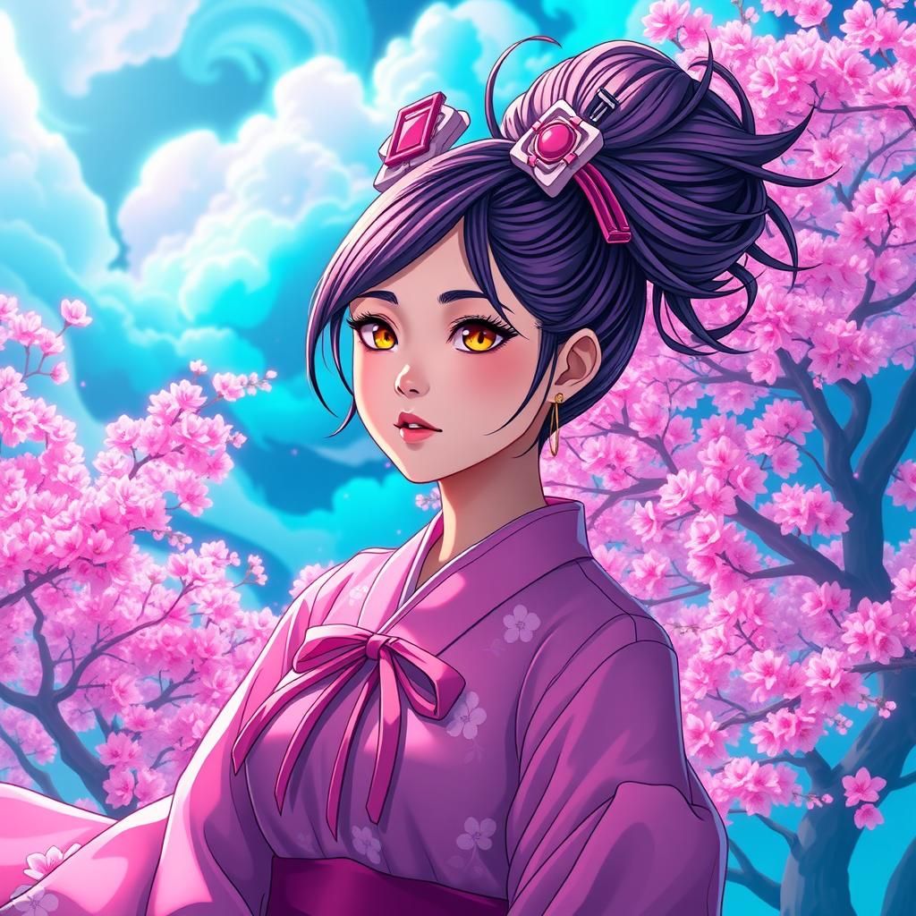 Vibrant Anime Girl Amidst Swirling Cherry Blossoms in Celest...