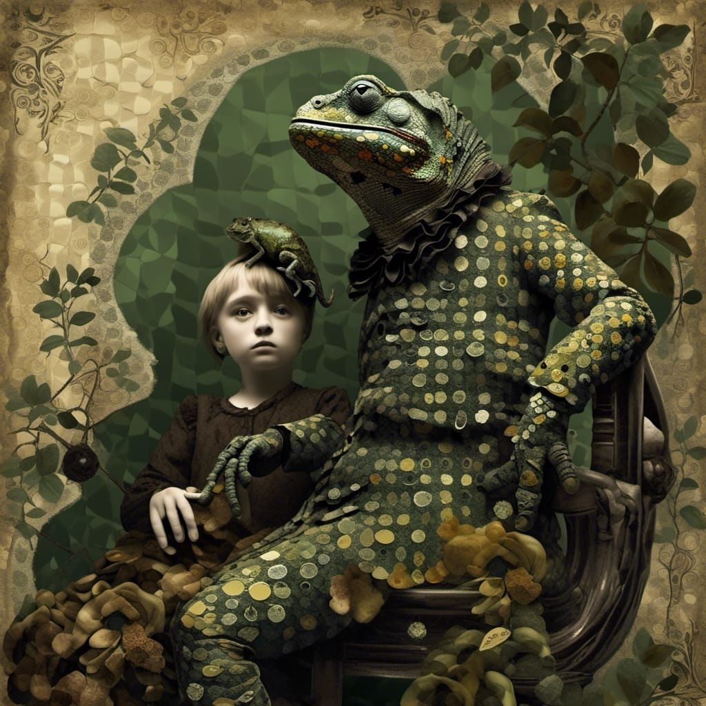 Chameleon and Harlequin in Surreal Impressionism Style