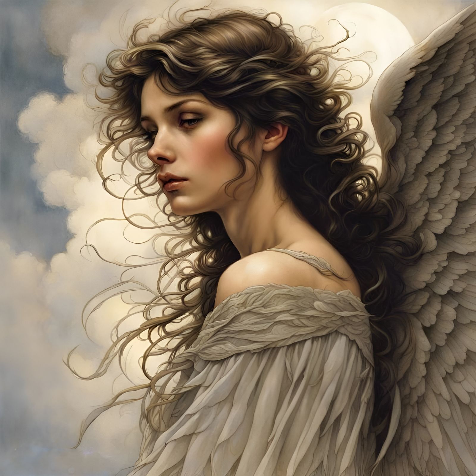 Sad Angel with Lustrous Wings in Fantasy Art