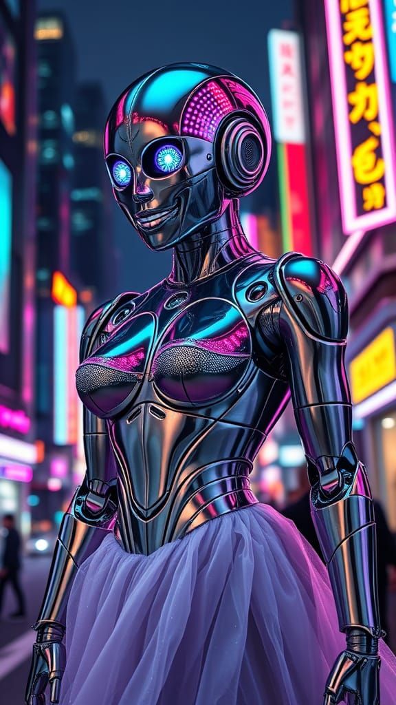Chrome Robot Showgirl in Futuristic Cityscape