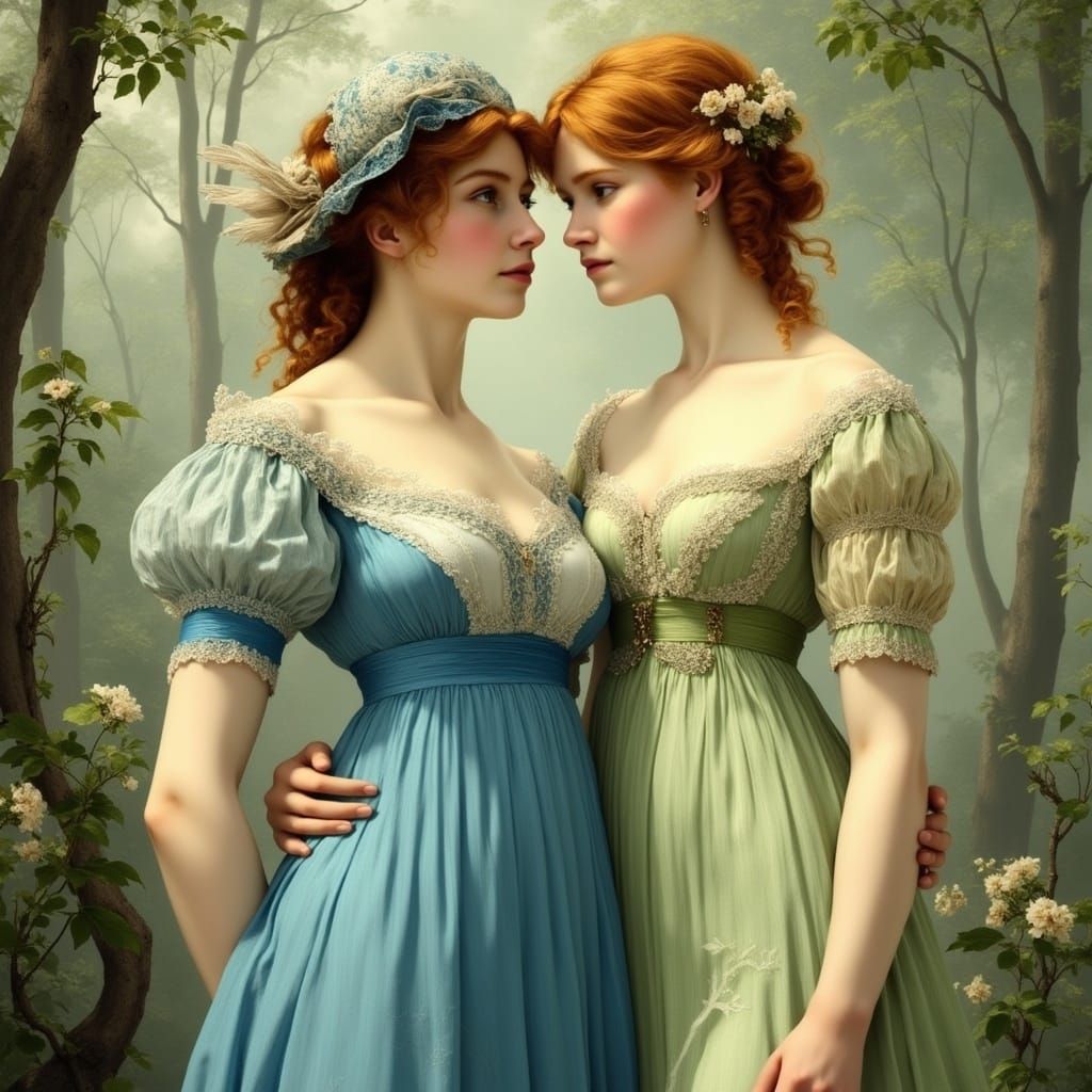 Elegant Young Women in Regency Attire in a Lush Garden Setti...