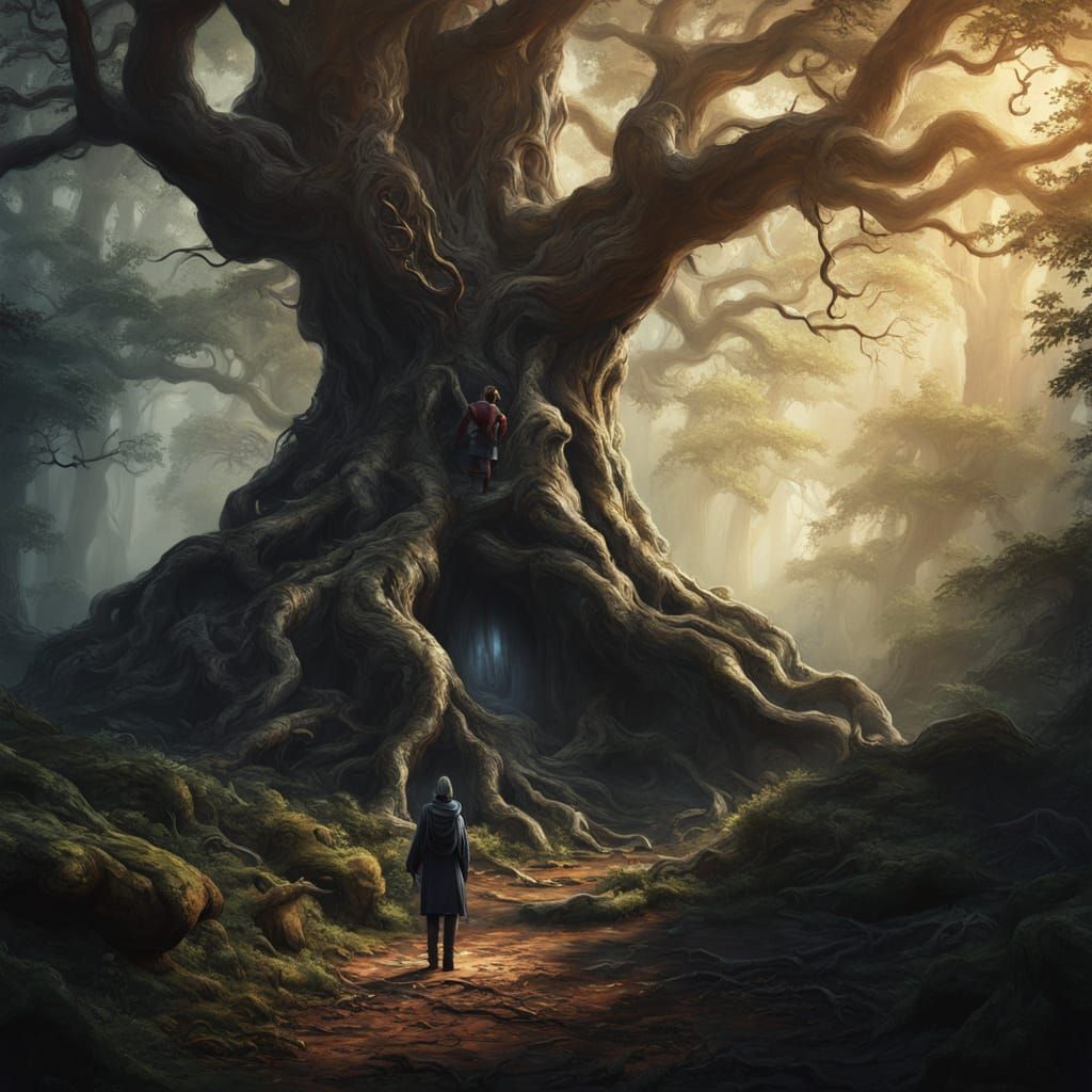 Colossal Tree with Face in Dark Fantasy Forest