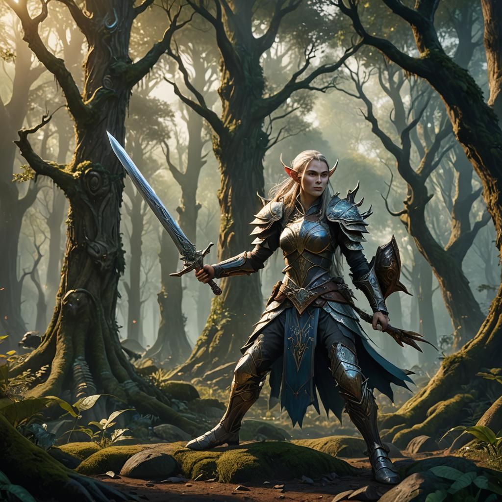 Elf Warrior Battles Troll: Fantasy Concept Art