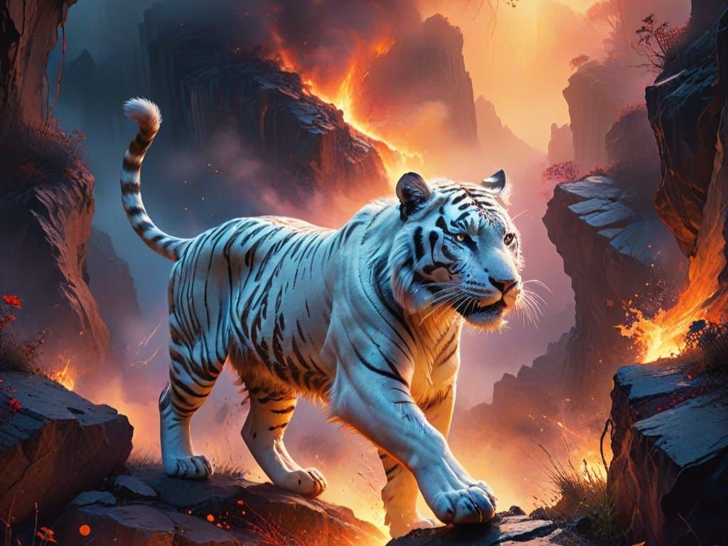 Majestic Tiger Leaps Across Fiery Chasm in Vibrant Colors