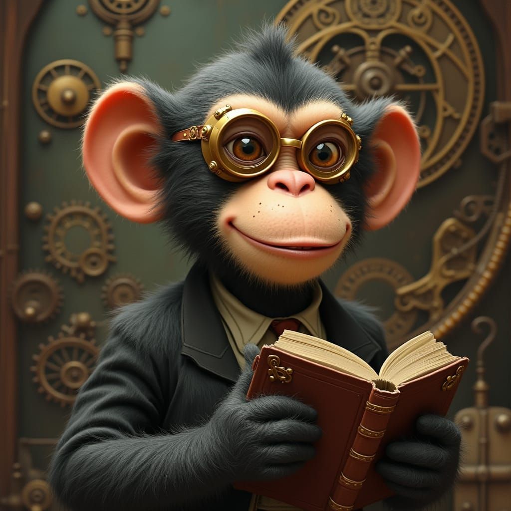 Steampunk Monkey Reads Book with Goggles On
