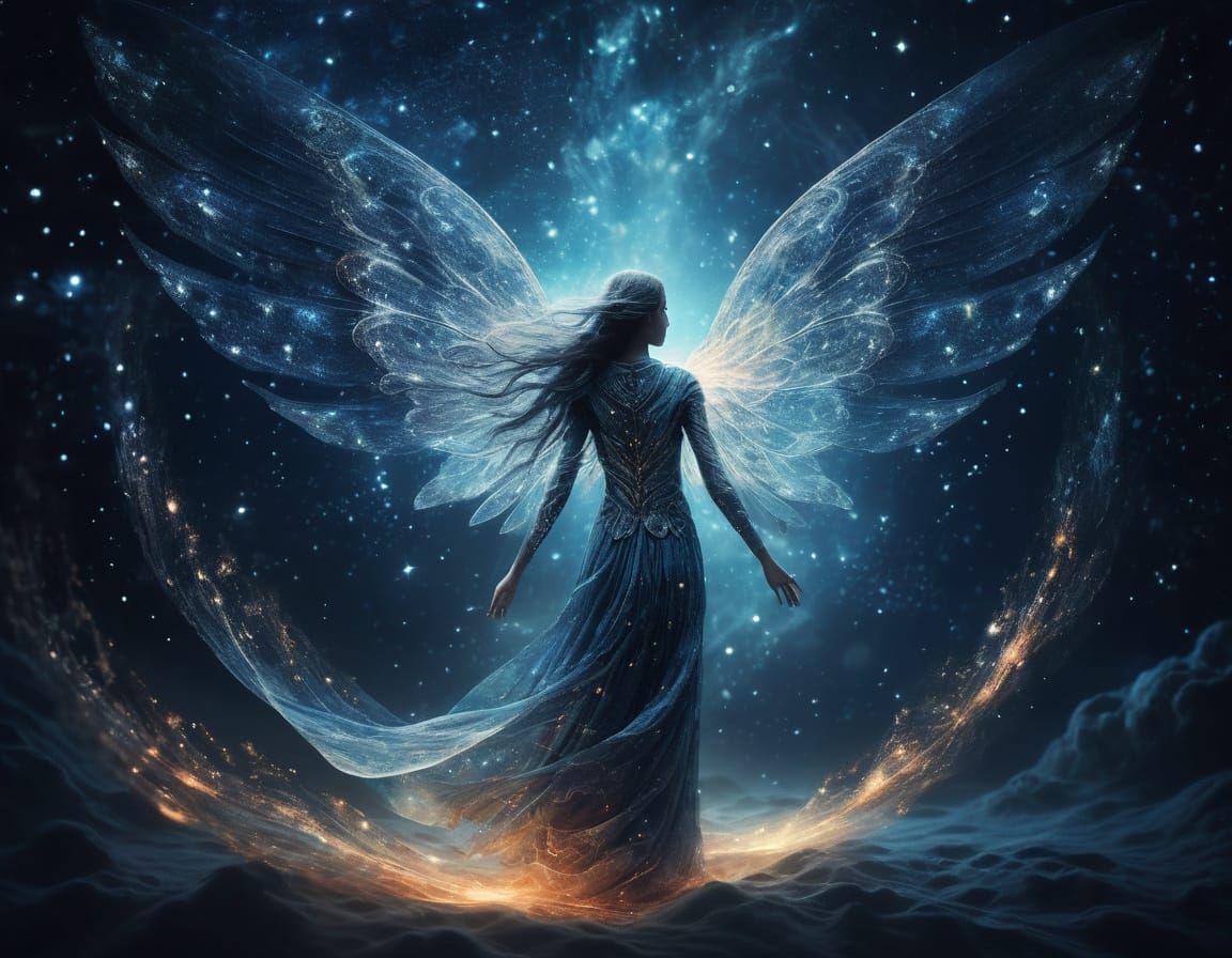 Ethereal Stardust Woman with Iridescent Wings