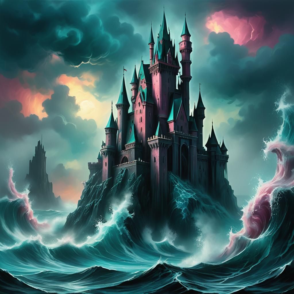 Teal and Rose Castle with Sea Monster