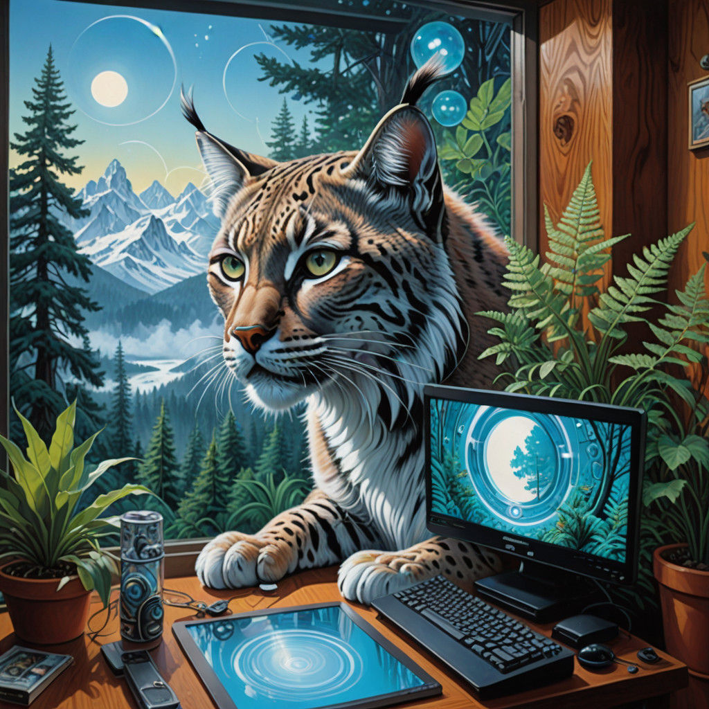 Surreal Futuristic Lynx in Holographic Fern Forest