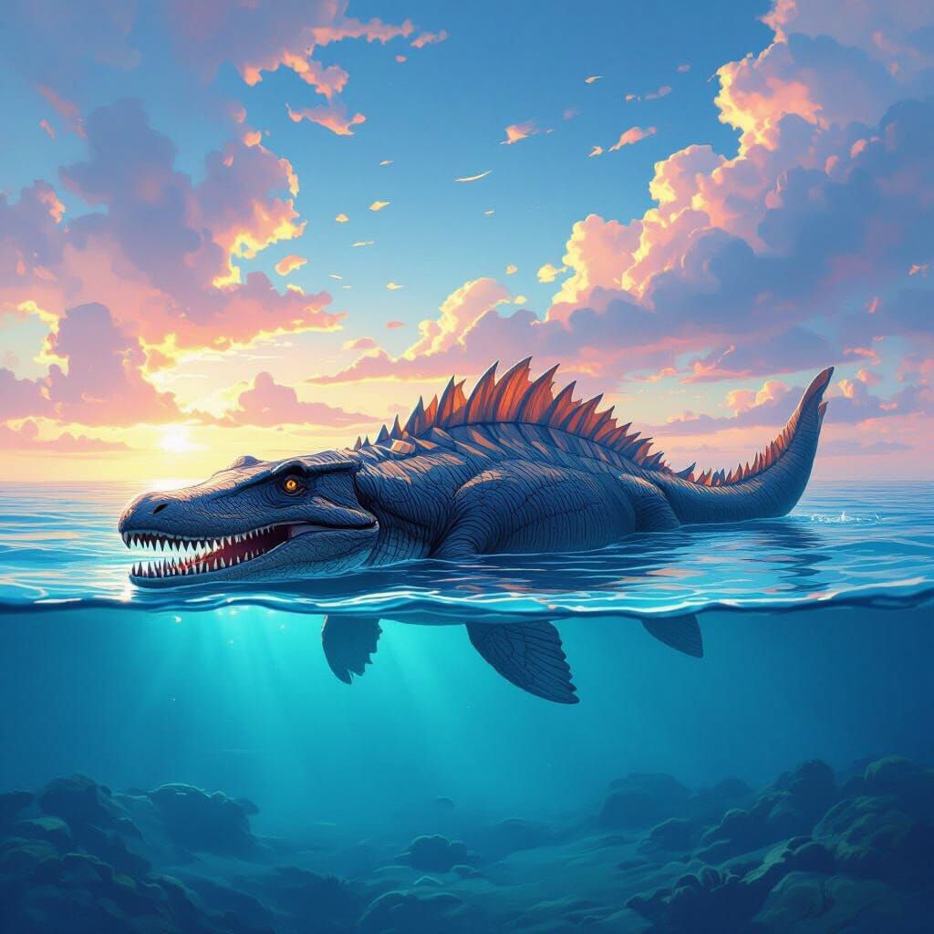 Fantastical Mosasaur in Crystal Ocean