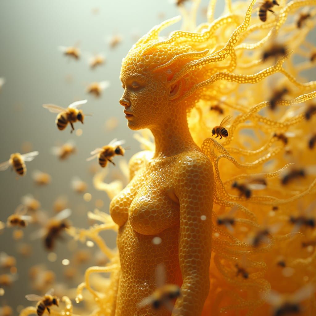 Honeycomb Figure Surrounded by Swirling Bees