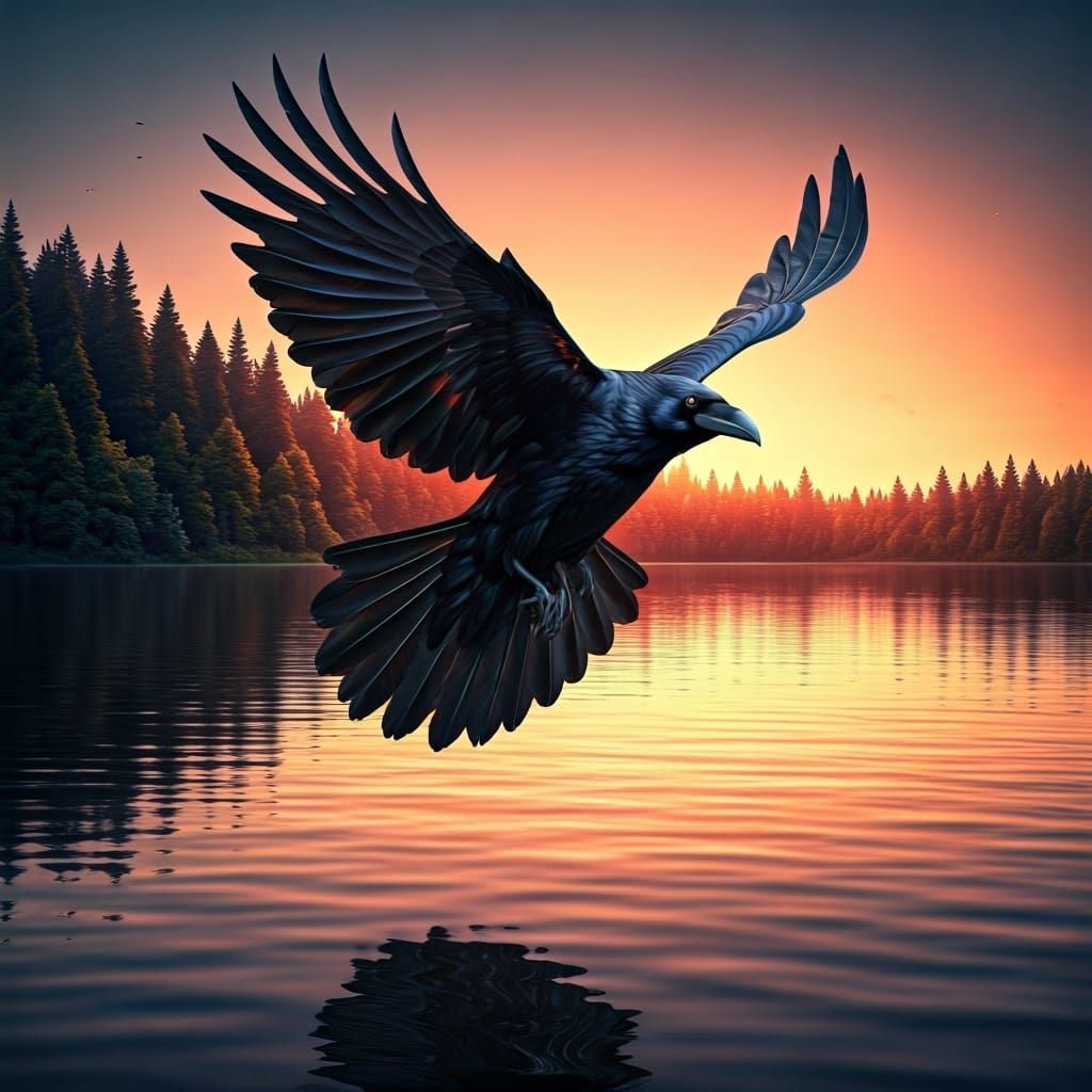 Flaming Raven Soaring Over Serene Lake: Digital Matte Painti...