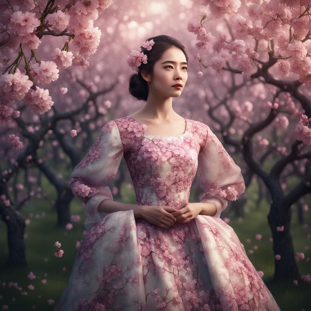 Woman in Cherry Blossom Dress in Orchard