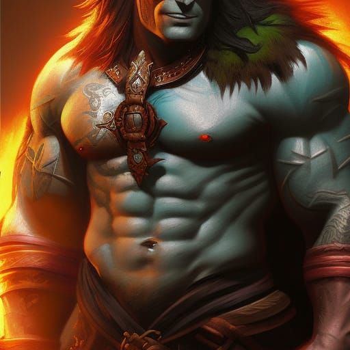 Half-Orc Barbarian Portrait in Fantasy Art Style