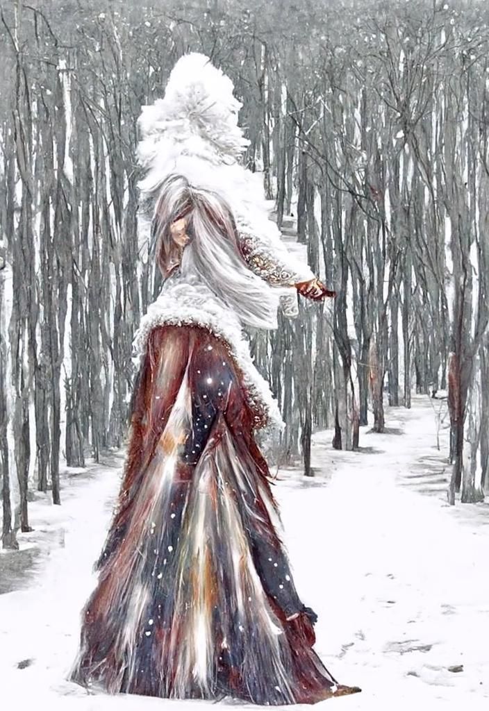 Woman with Saber in Winter Forest