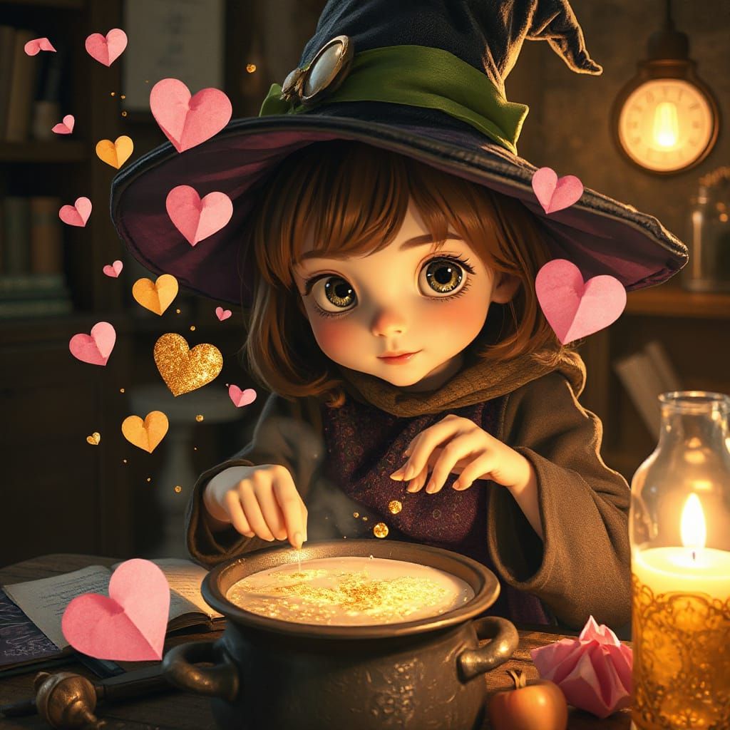 Whimsical Witch Brews Love Potion in Magical Lab