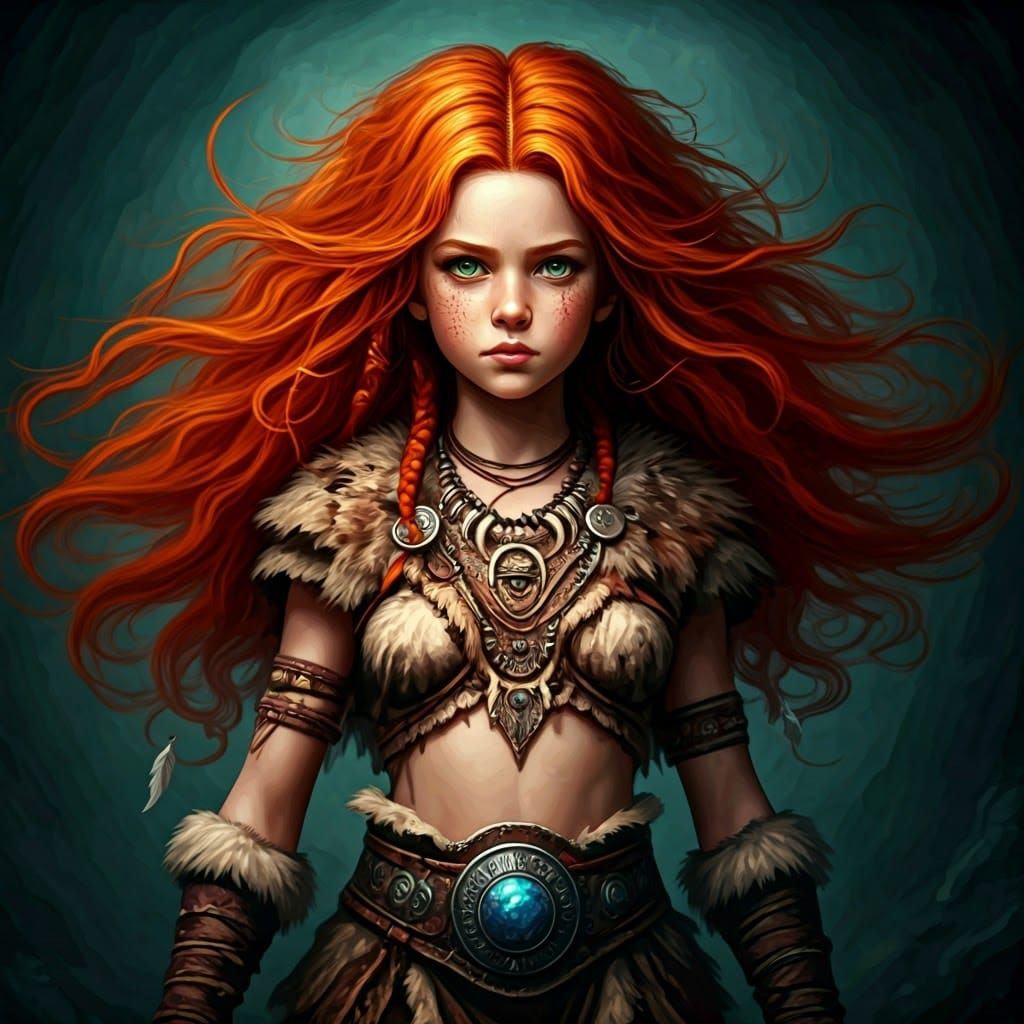 Fiery Haired Barbarian in Fantasy Landscape