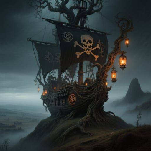 Gothic Pirate Ship Tree on Misty Hill