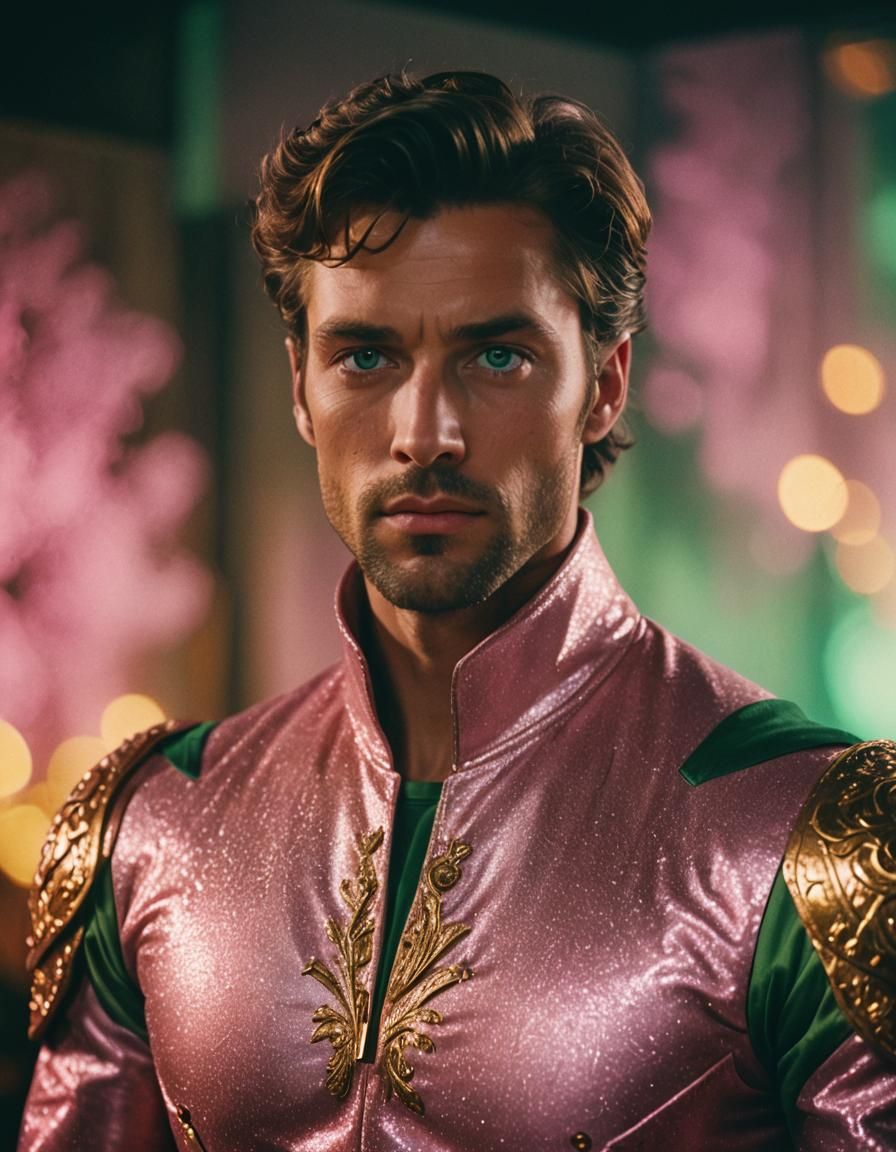 Handsome Man in Pink Costume: Cinematic Film Still