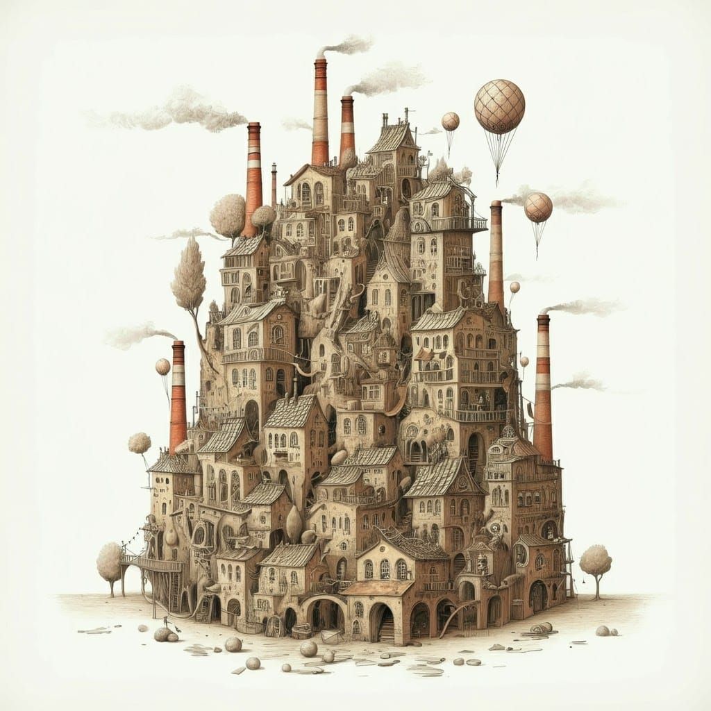 Whimsical Town Sketch with Stacked Buildings and Balloons