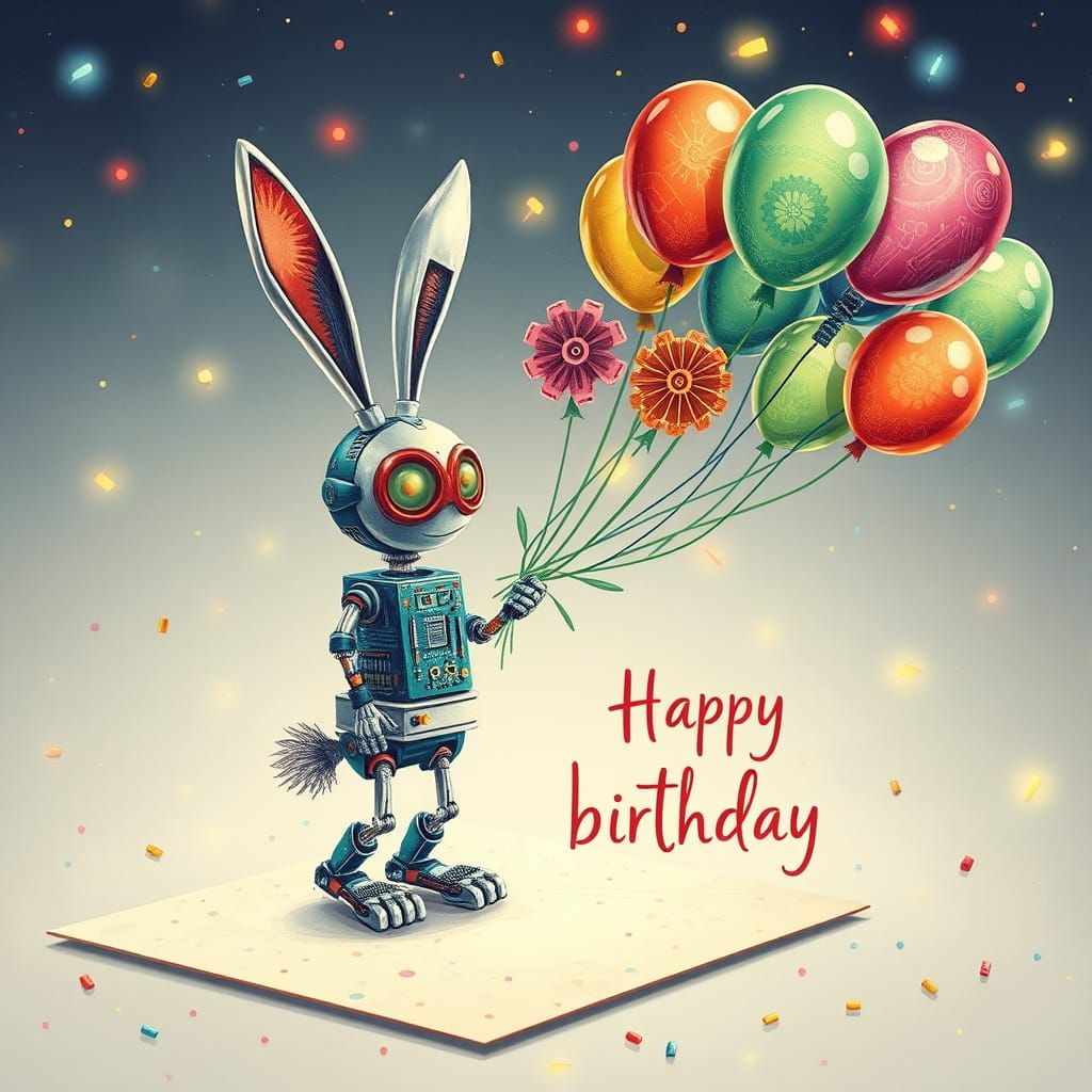 Robot Bunny Birthday Card in Impressionistic Style