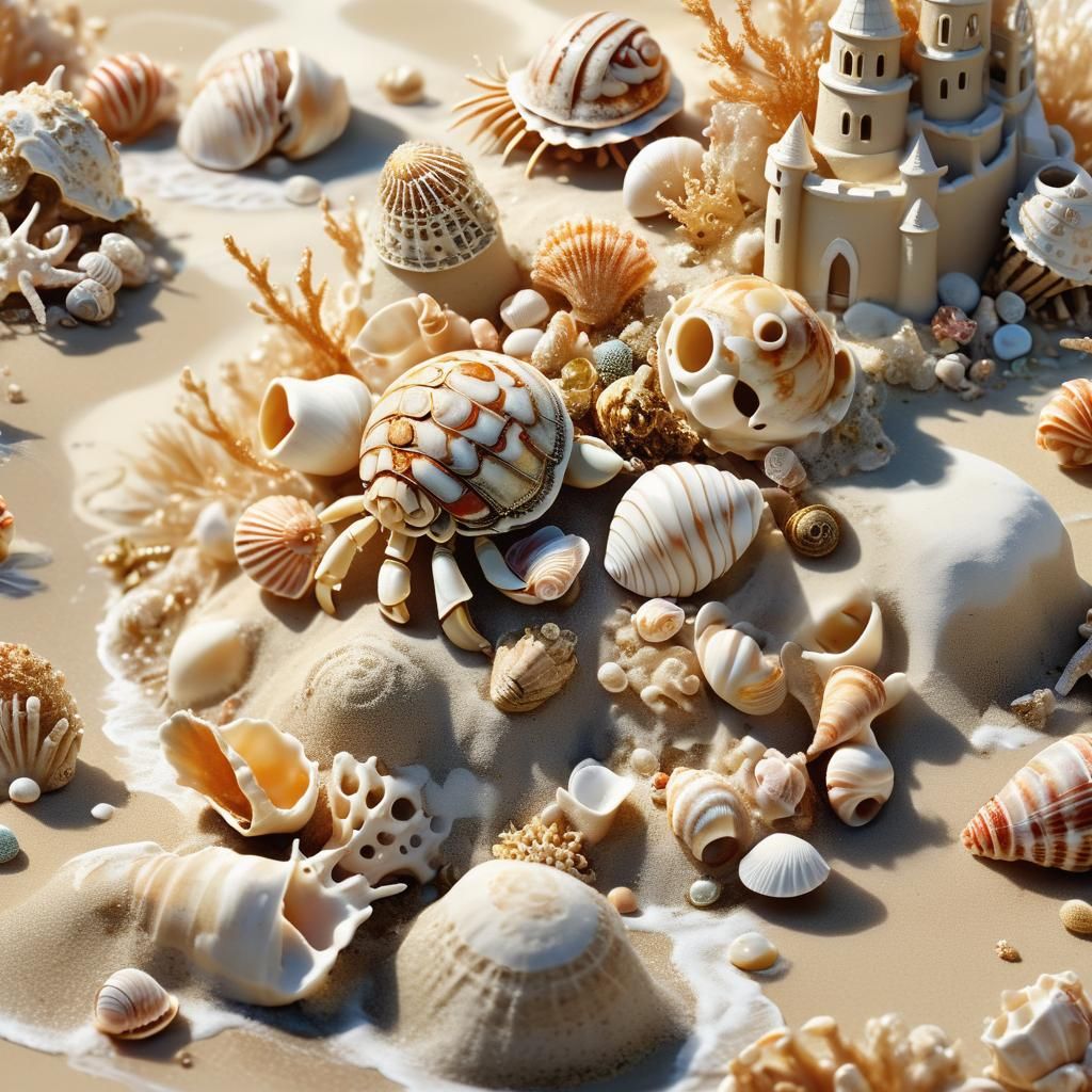 Hermit Crabs Discover Sandcastle, Dreamy Digital Art