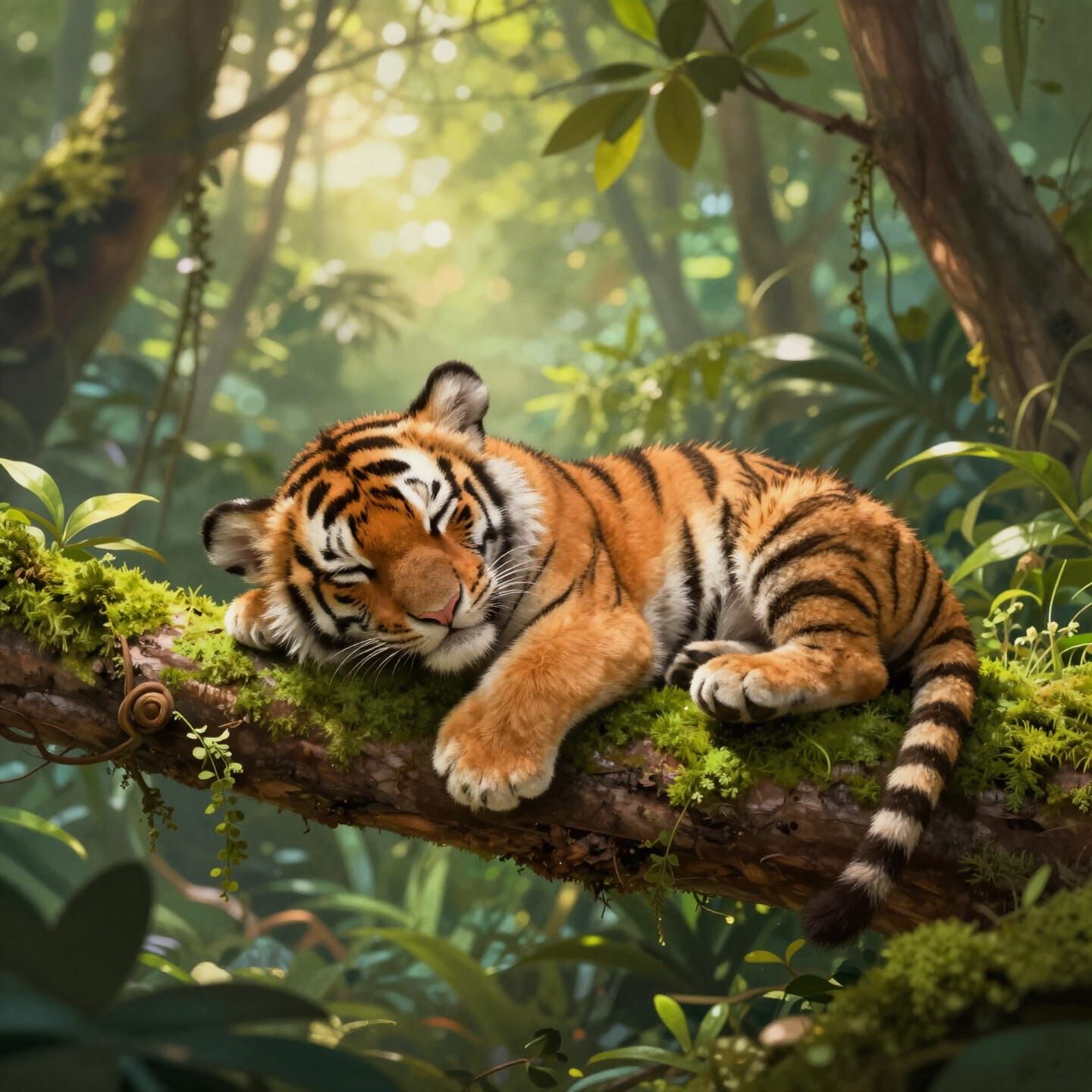 Cute Tiger Cub Sleeping Peacefully in Lush Jungle