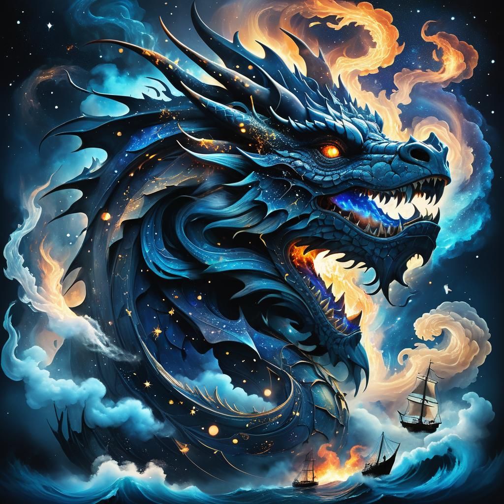 Dragon Head in Swirling Galaxy: Surrealist Dreamscape