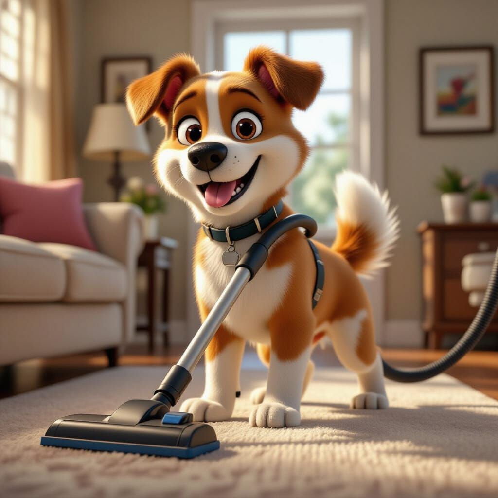 Cartoon Dog Does Chores in Hyperrealistic Style