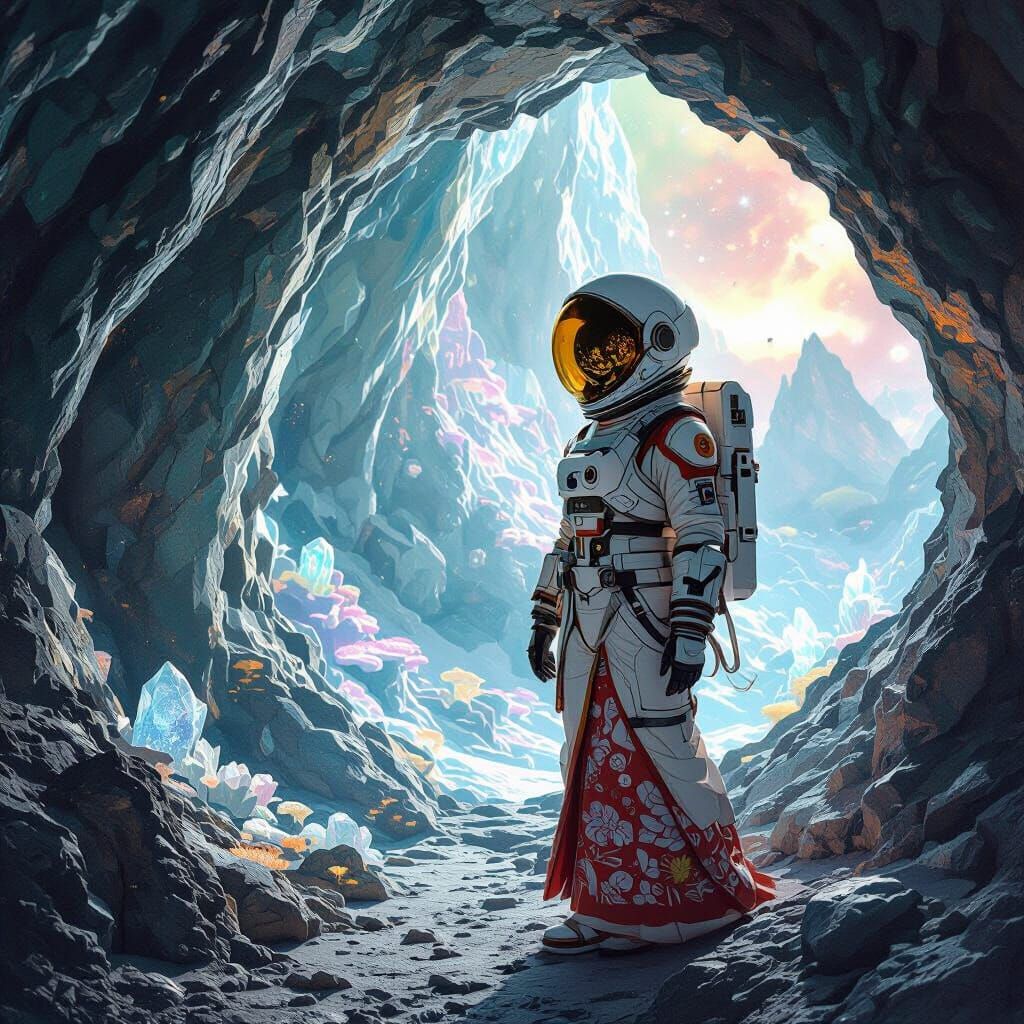 Geisha Astronaut Exploring Crystalline Alien Cave