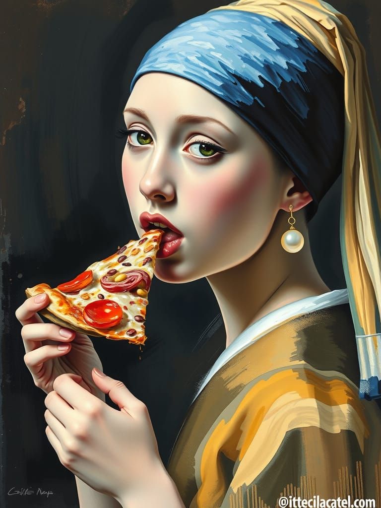 Girl with Pearl Earring Eats Pizza, Gouache Watercolor